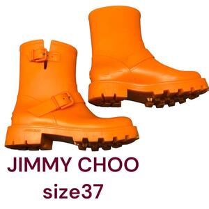 ジミーチュウ　オレンジ色が可愛い　長靴　レインシューズ、ブーツ　37　M4H410　JIMMY CHOO　YAEL FLAT RUBBER BOOTS　24センチ　厚底