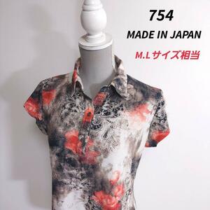 フェアリーグランジ Y2K スモーキー総柄オープンカラー半袖ポロシャツ M.Lサイズ相当花柄 日本製 67793