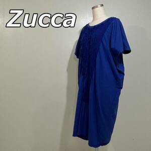 【Zucca】ズッカ フリルフロント クルーネック 半袖 Tシャツ ワンピース 青 ブルー ZU61JH179