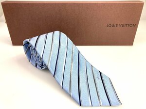 美品　ルイ・ヴィトン　Louis　Vuitton　ストライプ　シルクネクタイ　ライトブルー/シルバーグレー　LV　剣先：9cm　同梱不可　YNT-1028