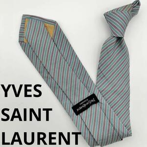 1円〜　美品　イヴ・サンローラン　Yves Saint Laurent　ストライプ　ライトグリーン　ネクタイ　シルク　高級