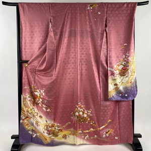 振袖 身丈167.5cm 裄丈68cm L 袷 花車 草花 金彩 ぼかし ピンク 正絹 秀品 【中古】