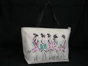 1円 kate spade ケイトスペード キャンバス×レザー トートバッグ ショルダー 肩掛け レディース アイボリー系×マルチカラー FH4199