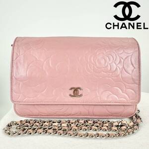 美品 シール有 CHANEL シャネル ココマーク カメリア エンボス チェーンショルダーバッグ チェーンバッグ チェーンウォレット ラムスキン 