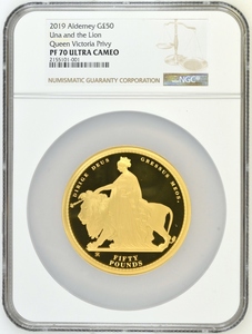 世界1枚 2019年 オルダニー ウナとライオン 50ポンド 5オンス プルーフ 金貨 NGC PF70 ULTRA CAMEO