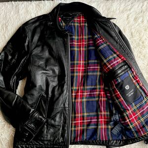 《圧巻!!/近年モデル》 TOMMY HILFIGER トミー フィルフィガー ラムレザー ジャケット ライダース シングル チェック メンズ ブラック M