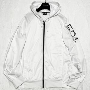 超希少XL◎ エンポリオアルマーニ ジップ パーカー フード ジャケット EMPORIO ARMANI 腕ロゴ EA7 ストレッチ ホワイト 白 光沢感 4190