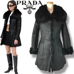 t200 希少 PRADA 2009 プラダ レザー シープファーコート ブラック 毛皮 ブルーフォックス 38 イタリア製 正規品 レディース Vintage 