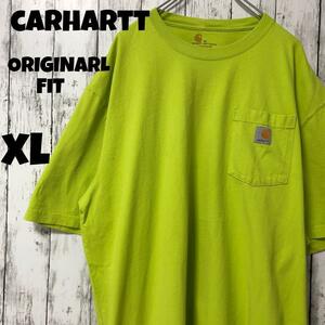 【carhartt】カーハート 胸ポケット ロゴ 半袖 Tシャツ XL古着 黄緑