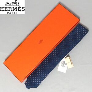 未使用★HERMES H TONNEAU MARINE/CIEL TIE 7cm ネイビー Hトノー マリン シルク コットン ネクタイ エルメス★