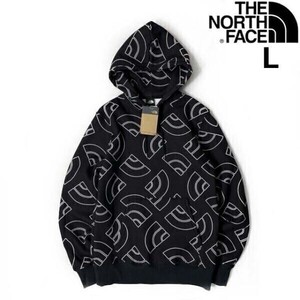 1円～!売切!【正規新品】THE NORTH FACE◆ALL OVER PRINT HOODIE パーカー US限定 裏起毛 ハーフドームロゴ 男女兼用(L)黒 総柄 181130-35