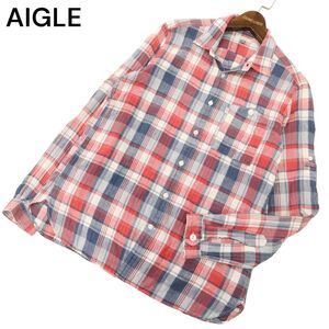 AIGLE エーグル 通年 長袖 胸ロゴ チェック★ シャツ Sz.M　メンズ アウトドア　C4T04395_5#C