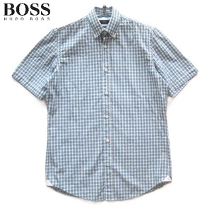 美品!!ヒューゴボス HUGO BOSS*REGULAR FIT ロゴタグ付きチェック柄半袖ボタンダウンシャツ S 白×水色×カーキ 大谷翔平