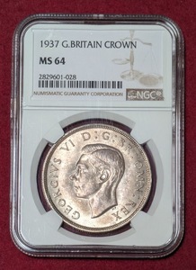 【動画あり】1937 イギリス ジョージ６世 クラウン銀貨 英国 国王 NGC MS64