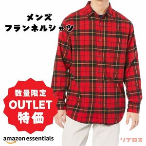 新品 Amazon Essentials フランネルシャツ メンズ Mサイズ スリムフィット 長袖 ブラック レッド イエロー ラージチャック柄 コットン100%