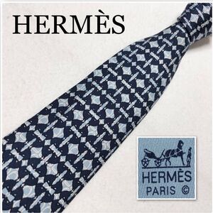 HERMES エルメス　ネクタイ　格子　四角形　総柄　シルク100% フランス製　ネイビー×ライトブルー　ビジネス