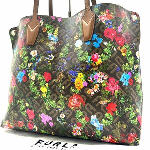 フルラ【現行・希少・未使用級】FURLA トートバッグ アーチロゴ 花 総柄 レザー 本革 PVC A4収納可 肩掛け可 ビジネス 保存袋付き