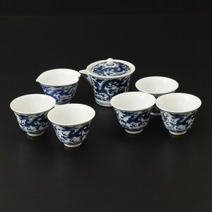 ◎492557 【SALE♪】 九谷焼 染付龍文 煎茶器揃 茶道具煎茶道具 茶器 宝瓶 湯冷 湯呑