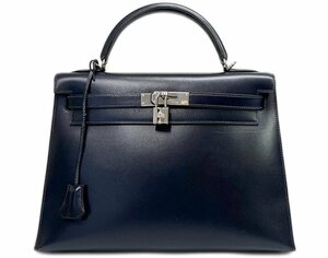 HERMES エルメス ケリー32 □D刻印 ボックスカーフ 外縫い 新型 ネイビー系 シルバー金具 2WAY ショルダーストラップ 南京錠 鍵 保存袋有