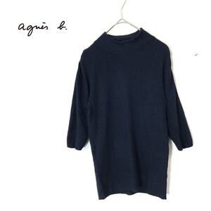 1D2334-N◆old◆フランス製 agns b アニエスベー ハイネックニット セーター 五部袖 ◆size1 ブラック 黒 ウール系 レディース