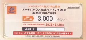 【最新】【 送料無料 】【 オートバックスセブン 】【株主優待 】【 3000ポイント 】【 コード通知 】申込 2025 2 28 迄 1年有効　★　A