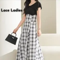 美品 Lace Ladies ビッグカラードッキングワンピース F ハイウエスト