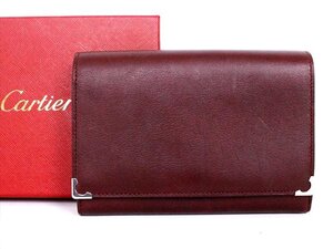 良品☆Cartier【カルティエ】レザー 2つ折り財布☆ミディアムウォレット☆ボルドー×シルバー金具☆ロゴ☆メンズ☆革小物☆箱付