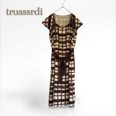 【DA TRUSSARDI 】チェック　ワンピース【洗える】日本製【38】茶色