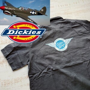 R50 ワークシャツ Dickies XL 半袖 アメリカ 古着 バック プリント 袖 刺繍 戦闘機 WARHAWK カーチ スライト 空軍 エアホース ディッキーズ