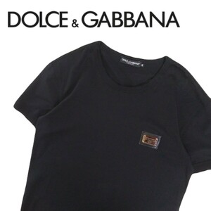 美品 名作 イタリア製 DOLCE&GABBANA シルバープレート ダメージ加工 半袖Tシャツ ロゴプレート メンズ44 ドルチェ&ガッバーナ 黒 2405215