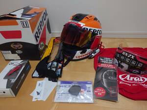 美品　arai　RX7-X　ホンダWGP800勝記念モデル　レプソルカラーMサイズ＋山城ミラーシールド＋ピンロックシート＋ビーコムワン山城カラー