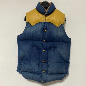 美品 Rocky Mountain 加工 デニム レザー ダウン ベスト 38 ロッキーマウンテン denim leather down vest BEAMS 革 インディゴ