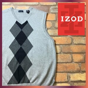 ME8-026★USA購入品★状態良好★【IZOD アイゾッド】ダイヤ柄 Vネック ニットベスト【メンズ M】灰 グレー ゴルフ コットン 裾タグ USA古着