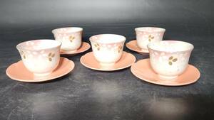 【美品】宇野千代デザイン　湯飲み茶托5組セット　来客用　陶器　ピンク　桜色　かわいい　和ポップ　茶道具　