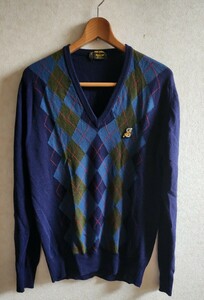 ◆送料込◆ジョンスメドレー◆JOHN SMEDLEY for Maruman Vネックアーガイルセーター　ウール　40/102 イギリス製◆古着・中古品　