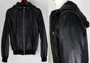 GUCCI グッチ シェリーライン ラムレザー アーム クレスト リブ フード ブルゾン 黒 44 hood blouson b7872