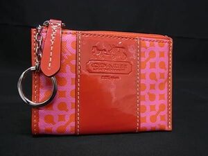 ■美品■ COACH コーチ オプアート PVC×パテントレザー 財布 コインケース コインパース 小銭入れ レッド系×ピンク系 DE9387