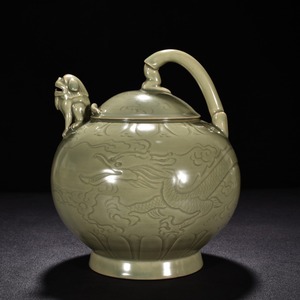 秘色越窯 青磁 刻龍文倒流壺 唐物 陶磁器 中国美術 工芸品 HB788