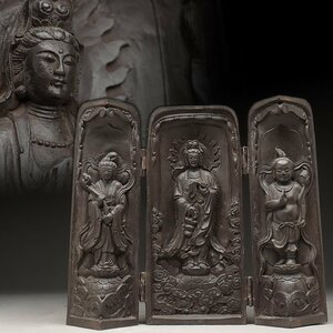 JI457 仏教美術 三開仏「魚籃観音及び両脇侍像」高20.1cm 重1.1kg・仏像・佛像