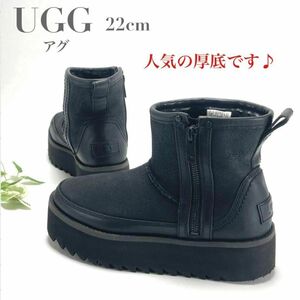 美品 UGG Classic Rebel Biker Mini アグ クラシック リベル バイカー ミニ ショートブーツ 厚底 ブラック 黒 22cm サイドジップ レザー