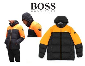 19万新品◆BOSS◆XL◆カラーブロック撥水ダウンジャケット黒×オレンジ橙 ヒューゴボス 1円