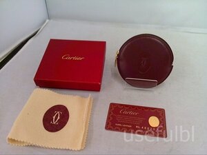 【Cartier】　カルティエ　コンパクト財布　円形　コインケース　ボルドー　レザー　革　SY02-Y57★