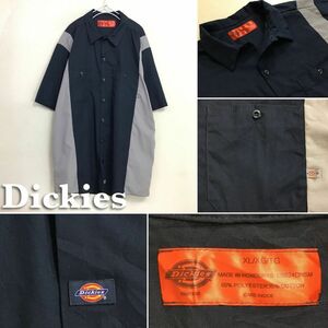 ★大きいサイズ★状態良好!!★海外規格★[Dickies ディッキーズ ]バイカラー 切替 半袖 ワークシャツ[メンズ XL]紺×グレー 稀少 K2-441