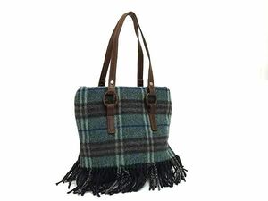 1円 ■美品■ BURBERRY バーバリーブルーレーベル ウール×レザー フリンジ チェック柄 トートバッグ ショルダーブルーグリーン系 FC9691