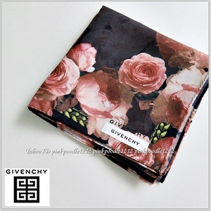 ◆GIVENCHY ジバンシイ 『高級』シルク混 大判 ハンカチ スカーフ◆薔薇 黒 ベージュピンク◆