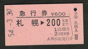 A型急行券 琴似駅発行 札幌から200kmまで 昭和50年代（払戻券）