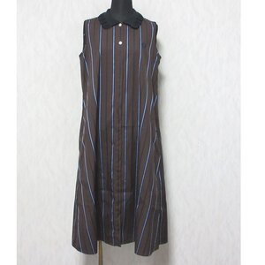 美品 FRED PERRY フレッドペリー ストライプ RIB COLLAR SHIRT DRESS リブカラーシャツドレス ワンピース F8513 38 ブラウン ◆