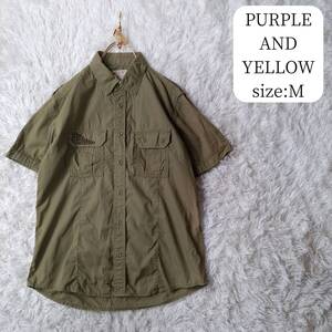 【訳あり】PURPLE & YELLOW 半袖シャツ ミリタリーシャツ カーキグリーン Mサイズ パープルアンドイエロー メンズ キッズ160