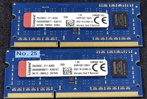 4GB 2枚組 (合計 8GB) PC3L-12800S DDR3-1600 S.O.DIMM 204pin 1Rx8 Kingston (動作確認済 memtest86+) (管:EN13 x1s