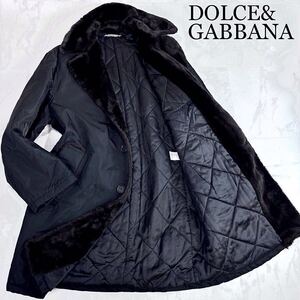 【極美品】幻のXL-XXL★DOLCE&GABBANA ドルチェ&ガッバーナ【極暖!肉厚ファー】最高級Fムートンコート 毛皮ダウン艶ブラック黒ロング裏ロゴ